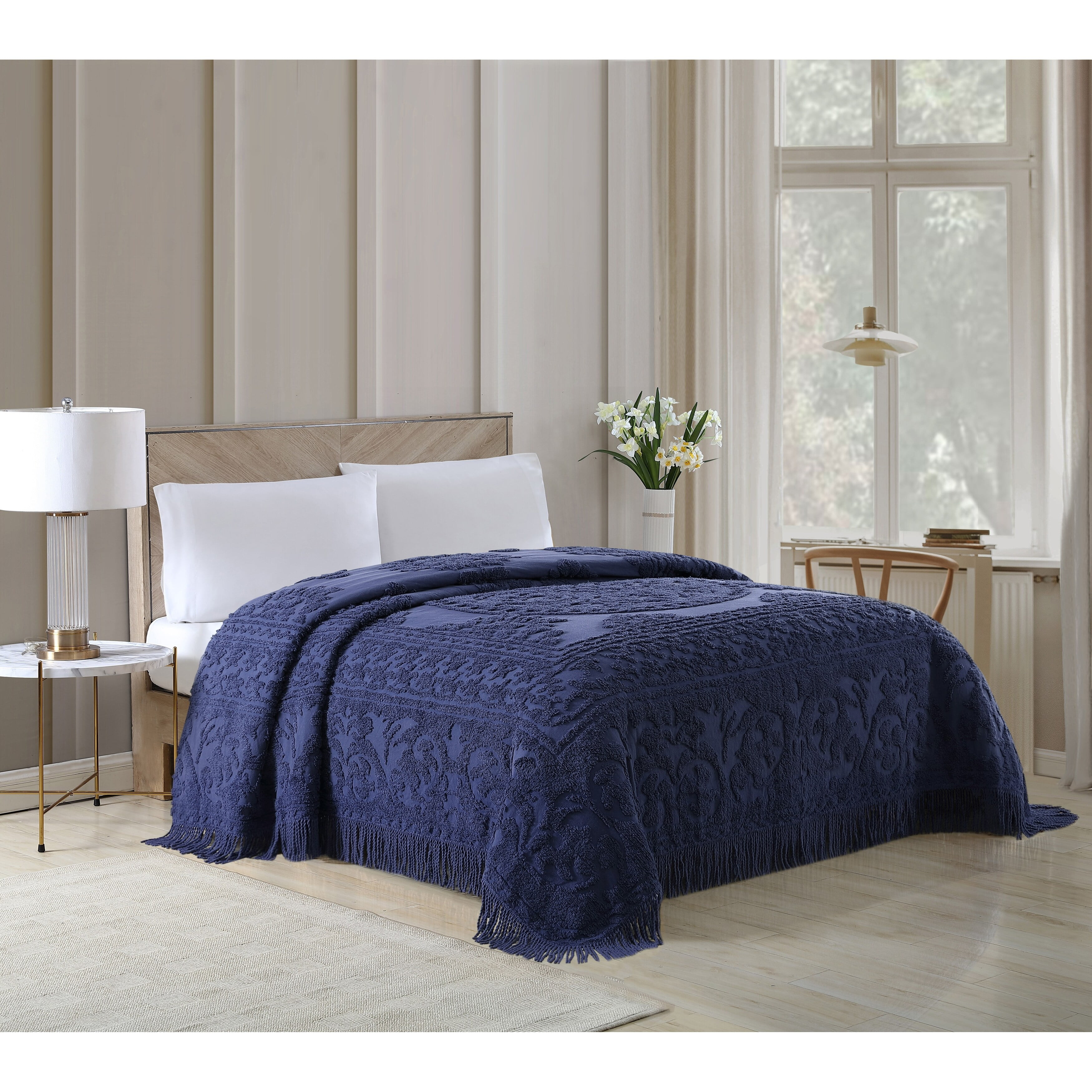 Collections Etc Luxurious Medallion Chenille Fringe Border Bedspread Navy - Full