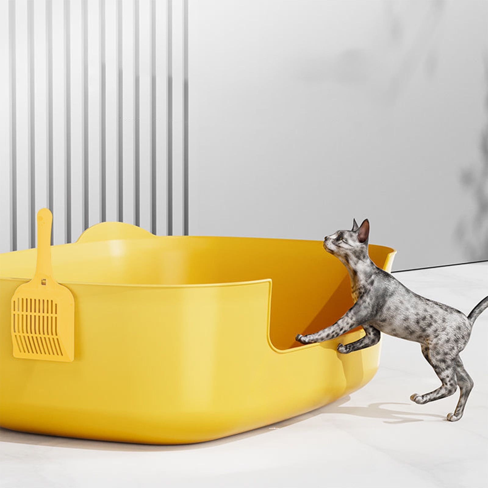 SHENGXINY 1PCS Cat Litter Boxes, Large Cats Litter Box, Banding Out Proof Spillage Proof Cats Litter Box ,Pet Supplies, Fully Open One Pieces Litter Tray Yellow 15.75x11.42x5.71 in
