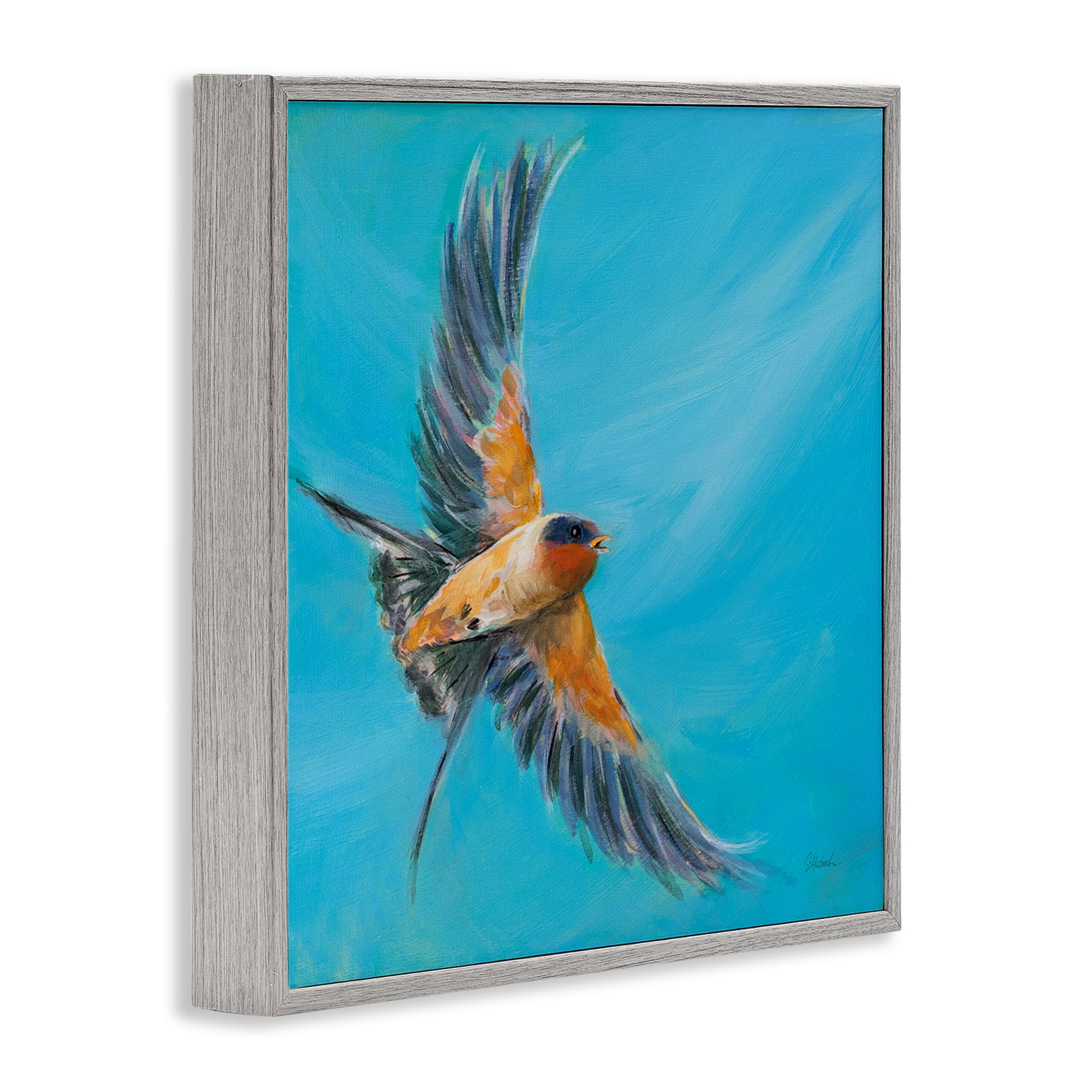 Stupell Industries Soaring Bird on Blue Animals & Insects Painting Gray Framed Art Print Wall Art, 12 x 12