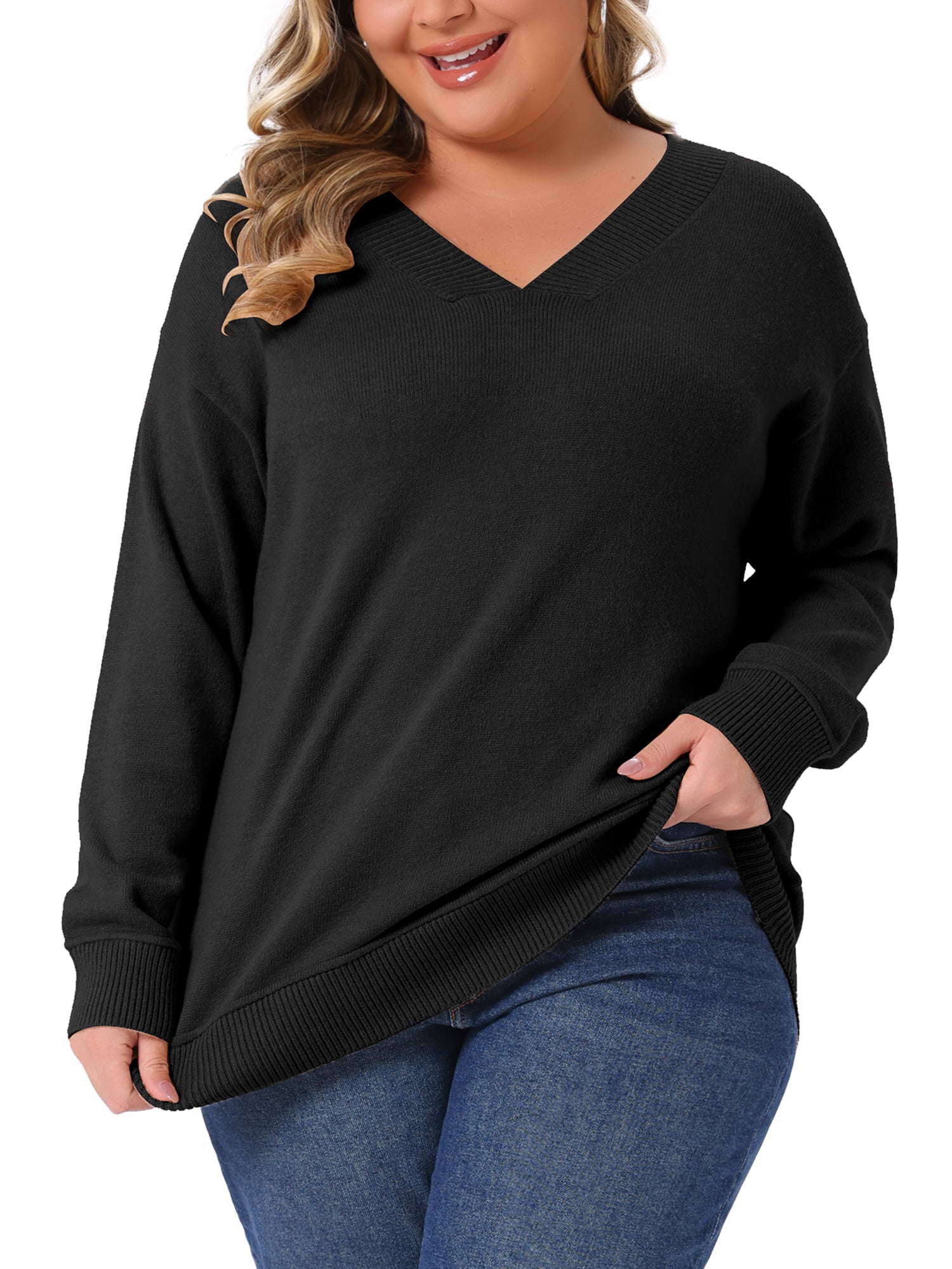 DARING DIVA Women's Plus Long Sleeve V Neck Knit Pullover Sweater 2X Brown