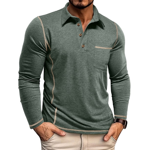 Blusa y camisa de manga larga con cuello vuelto para hombre, color liso, informal, de moda, para negocios, con botones y solapa, de poliéster.