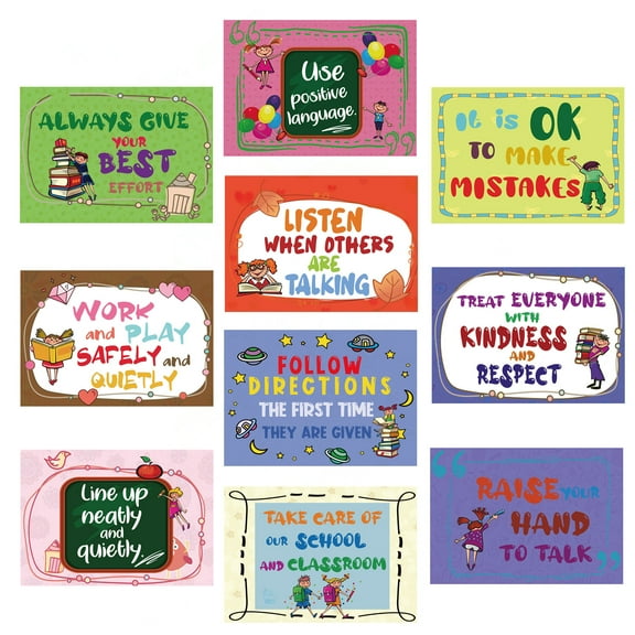 10 Pcs A4 Classroom Rules, Preschool Class Rules Posters, Educational School Posters Homeschool Supplies Decorations for Kindergarten Preschool Elementary School