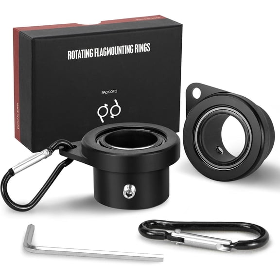 Aluminum Alloy Flagpole Ring Set with Bearings 2 Pack, Anti Wrap 360°Rotating Flag Mounting Ring Spinning Flag Pole Kit with Carabiner for 0.71-1.00 Inch Diameter Flagpole(Black)