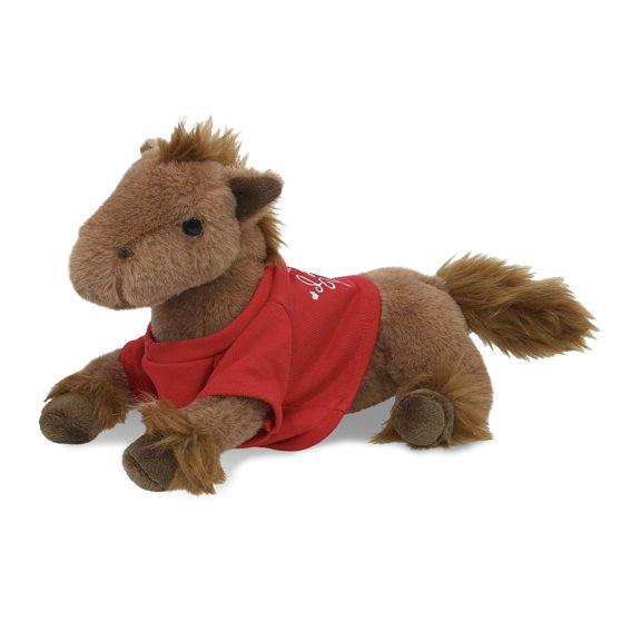DolliBu I LOVE YOU Fancy Laying Brown Horse Plush- Cute Horse Plush Stuffed Animal with I Love You Red Shirt For Valentine, Anniversary, Romantic Date, Boyfriend, or Girlfriend Gift - 12 Inches