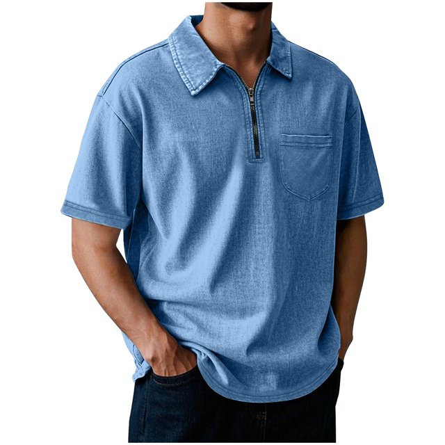 Dagugfen Tops for Men Plus Size Short Sleeve Zipper Lapel V Neck Loose Solid Color Comfy Work Casual Tshirts Pocket