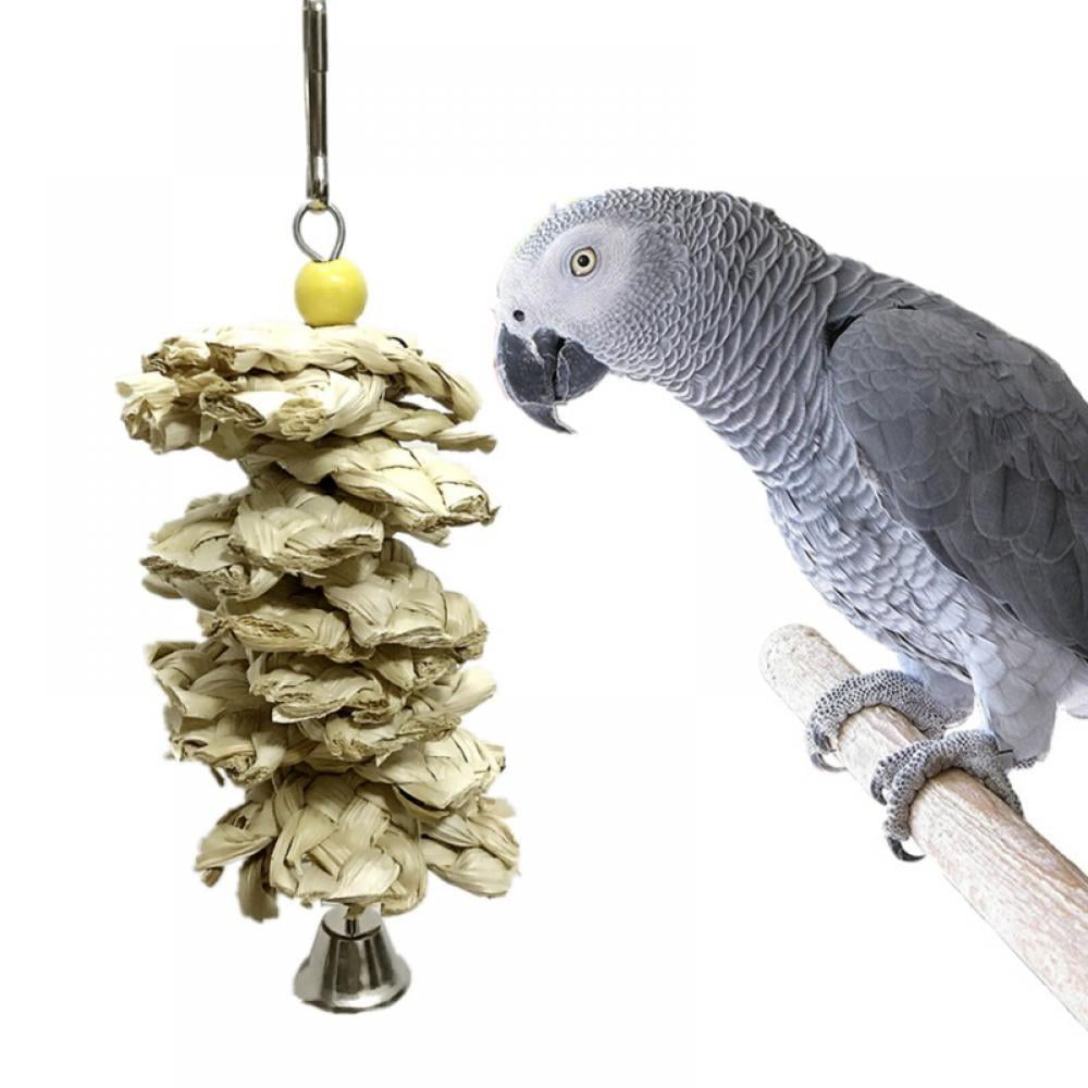 Parrot Bird Toys Natural Wooden Grass Chewing Bite Hanging Cage Bell Swing Climb 