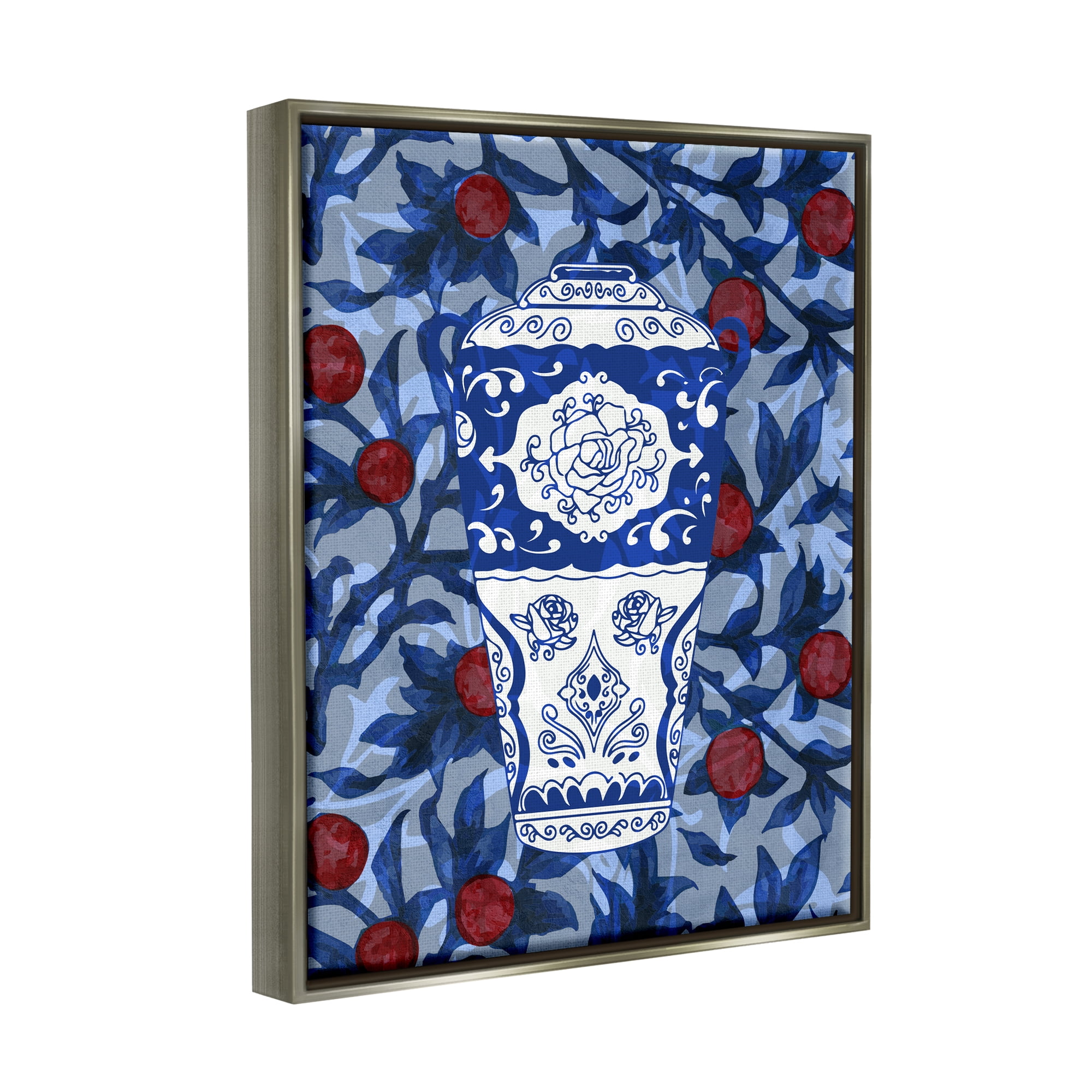 Stupell Industries Ornate Vase Red & Blue Pattern Botanical & Floral Painting Gray Floater Framed Art Print Wall Art