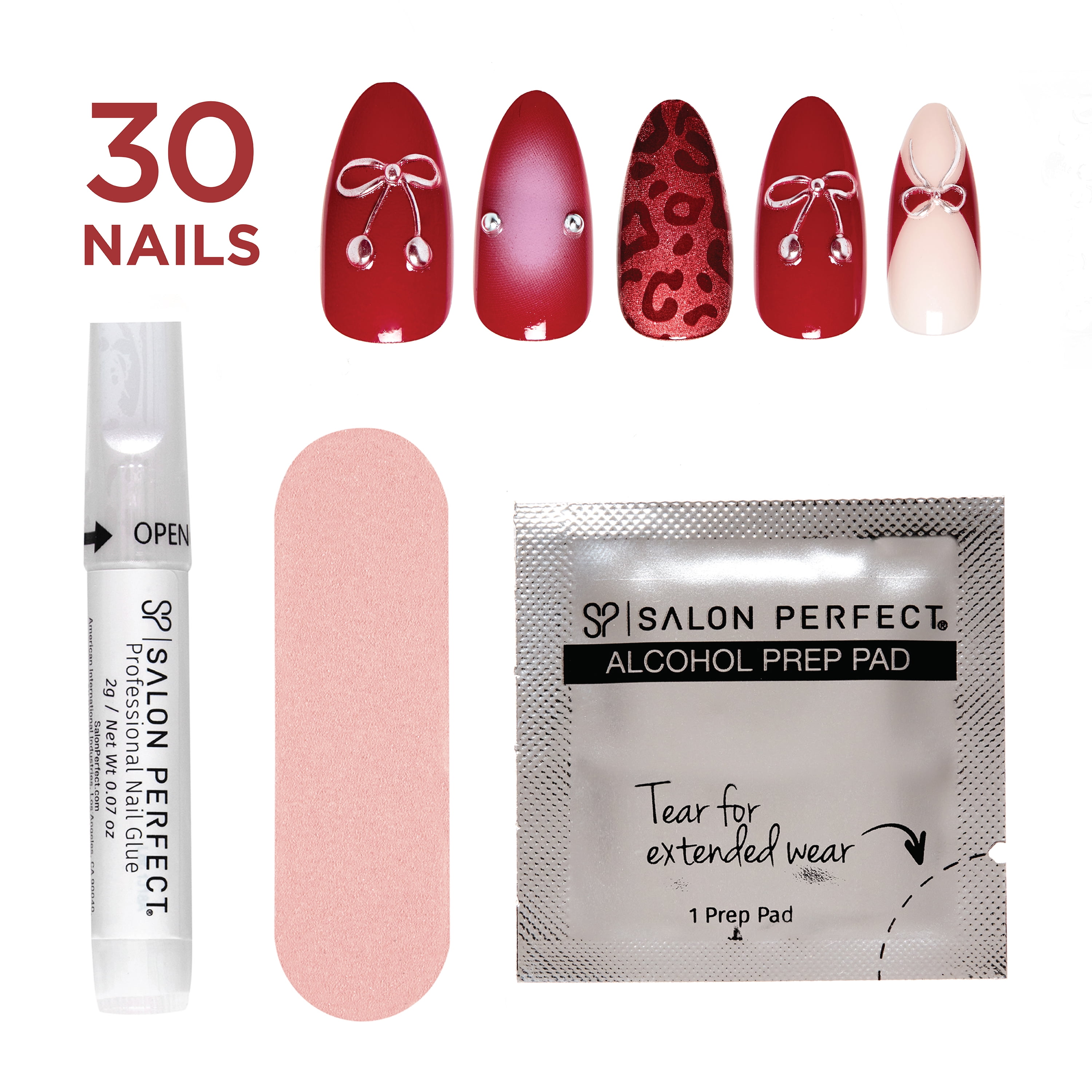 Salon Perfect Artificial Fake Press On Nails, 507 Viral Nail Edit, Burgundy Cherry, Medium Almond, File, Glue, and Prep Pad Included, 30 Nails