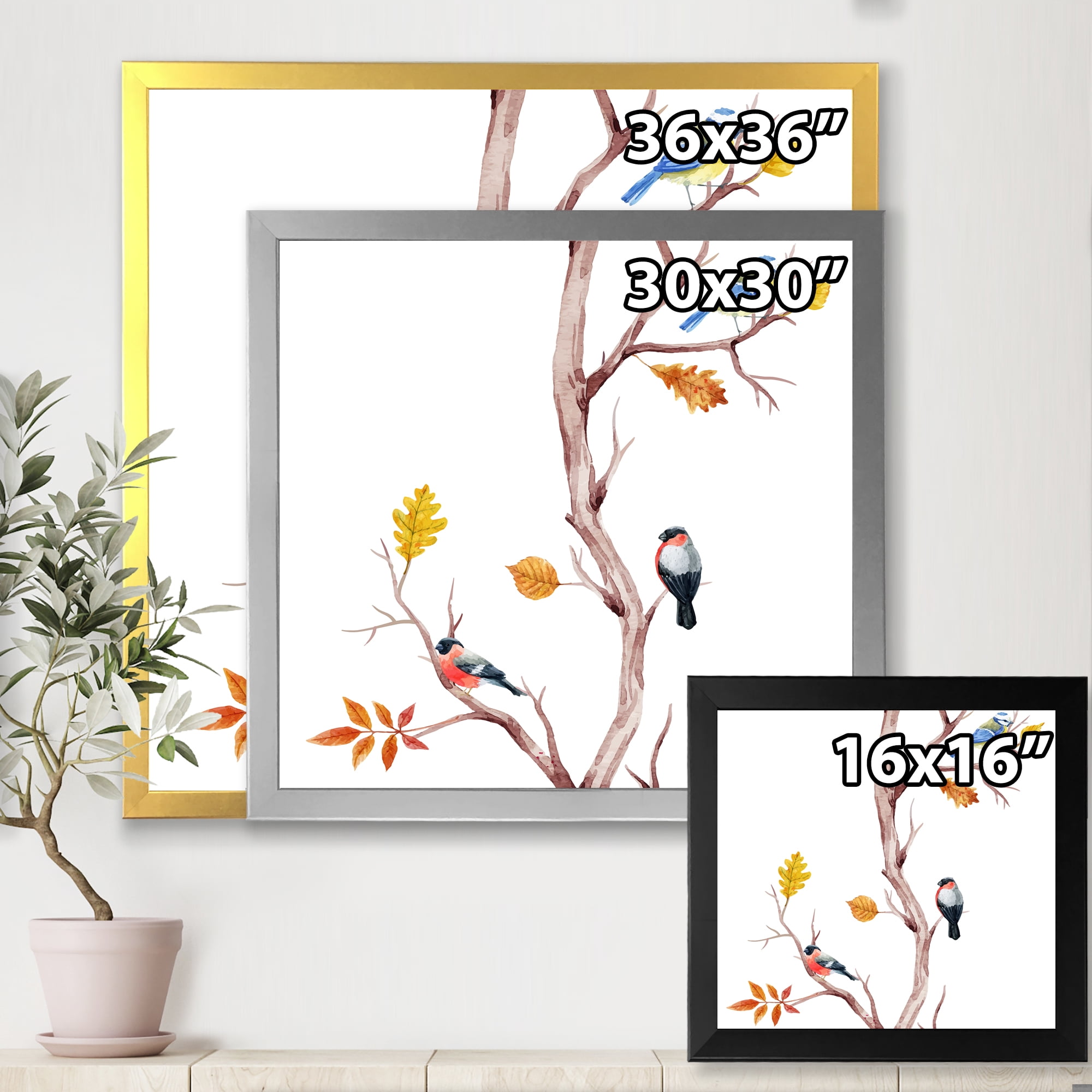 Designart 'Little Birds Sitting On The Tree Branches IV' Traditional Framed Art Print