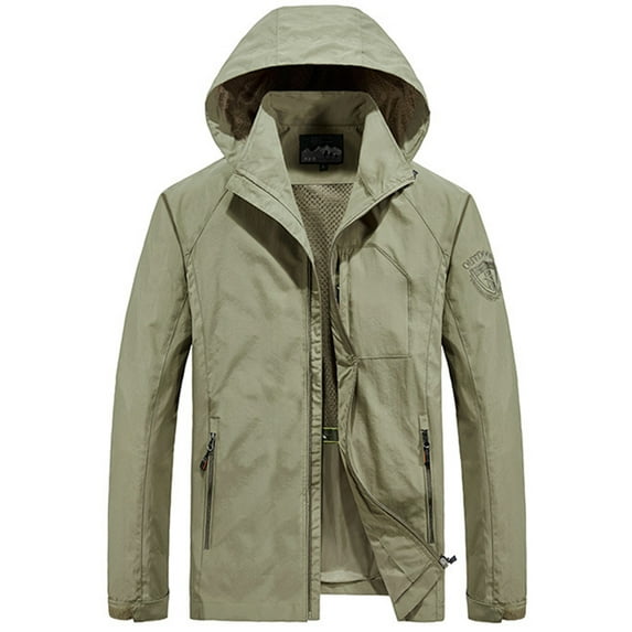 Frontwalk Men Jacket Solid Color Parka Stand Up Neck Coat Outdoor Breathable Outwear Hooded Khaki XL