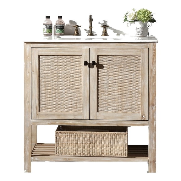 36" Solid Wood Sink Vanity With Marble Top-No Faucet, White Wash