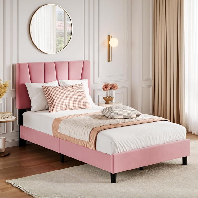 Tamaño individual size forrado cama de plataforma, diagonal tufted cabecero, plywood & foam, rosa velvet fabric