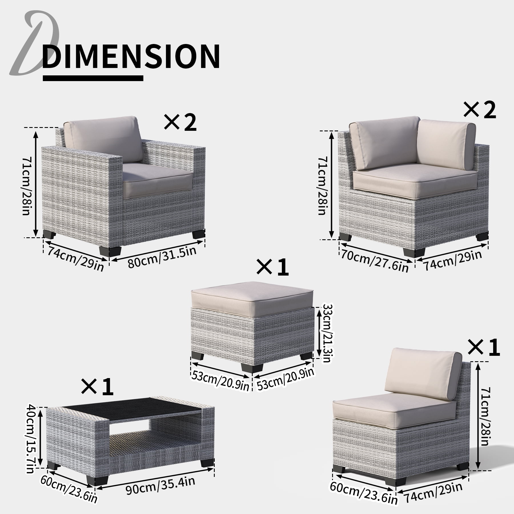 7-Piece Outdoor Patio Furniture Set, PE Rattan Sectional Sofa with Waterproof Cushions & Coffee Table, Modern Patio Conversation Set for Porch, Balcony, Backyard