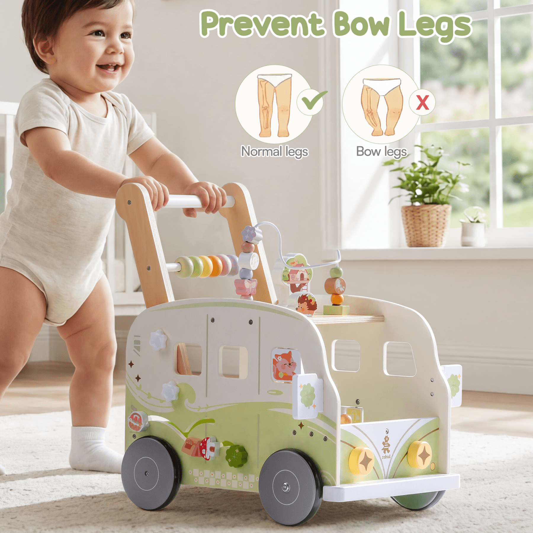 ROBUD Wooden Baby Push Walker Toy, Vacation Bus Theme with Activity Blocks, Sound & Light, Adjustable Speed, Learning Walker Gift for Toddlers 12+ Months,Green
