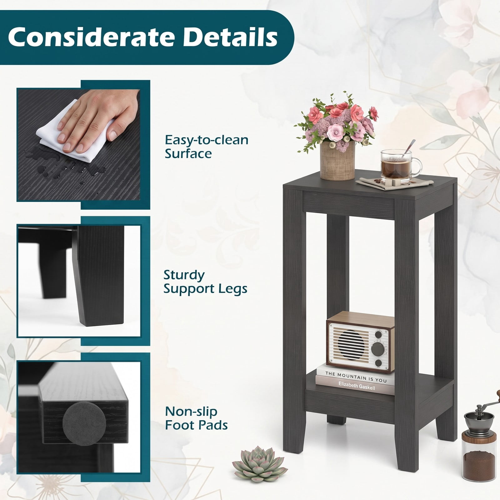 Furnibear Set of 2 End Tables 2-Tier Nightstand Side Table with Storage Shelf for Living Room Bedroom Small Space, Wood Sofa Side End Table Set, Black