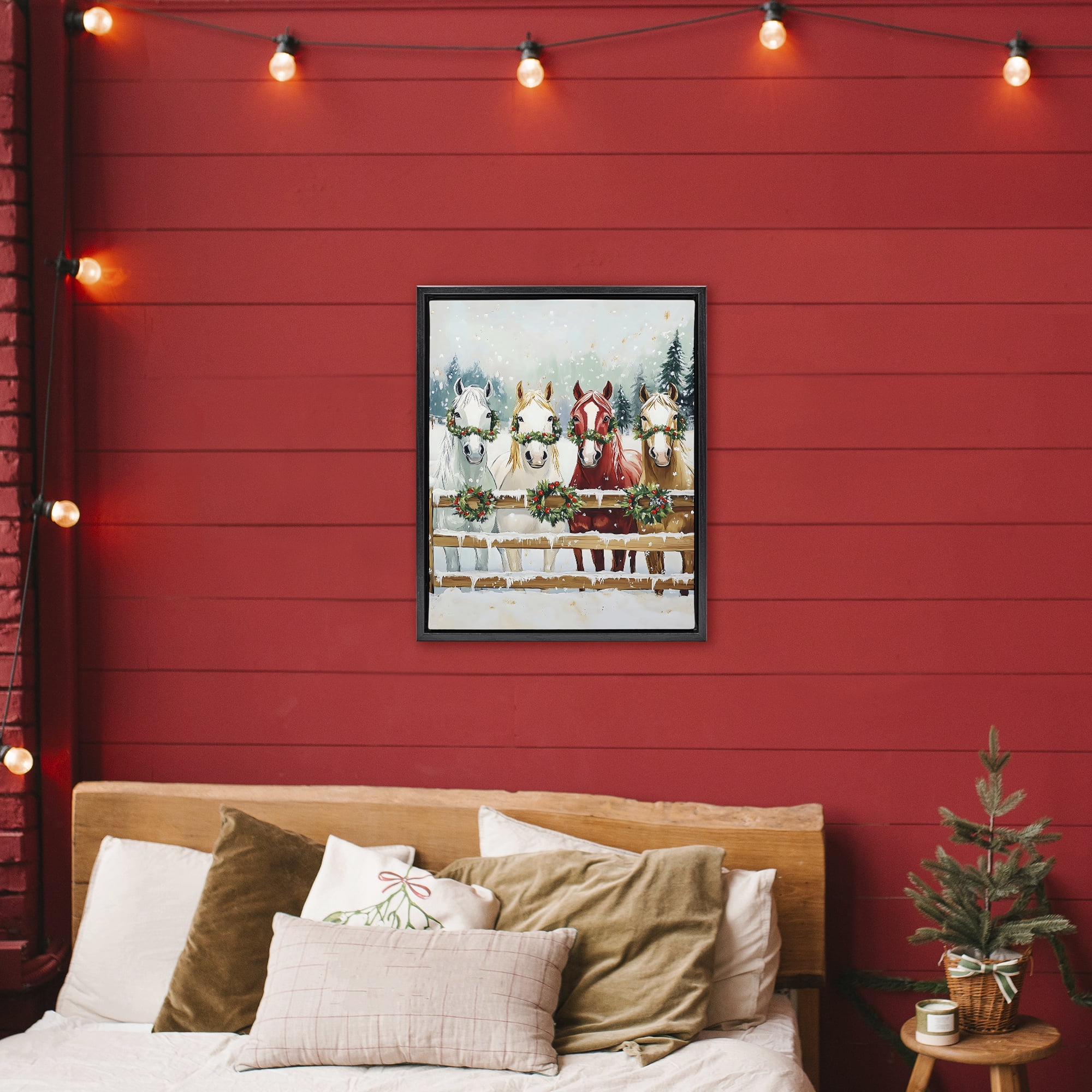 Stupell Industries Christmas Horses with Holly Wreaths Black Framed Floater Canvas Wall Art, design by The Prints Vibe