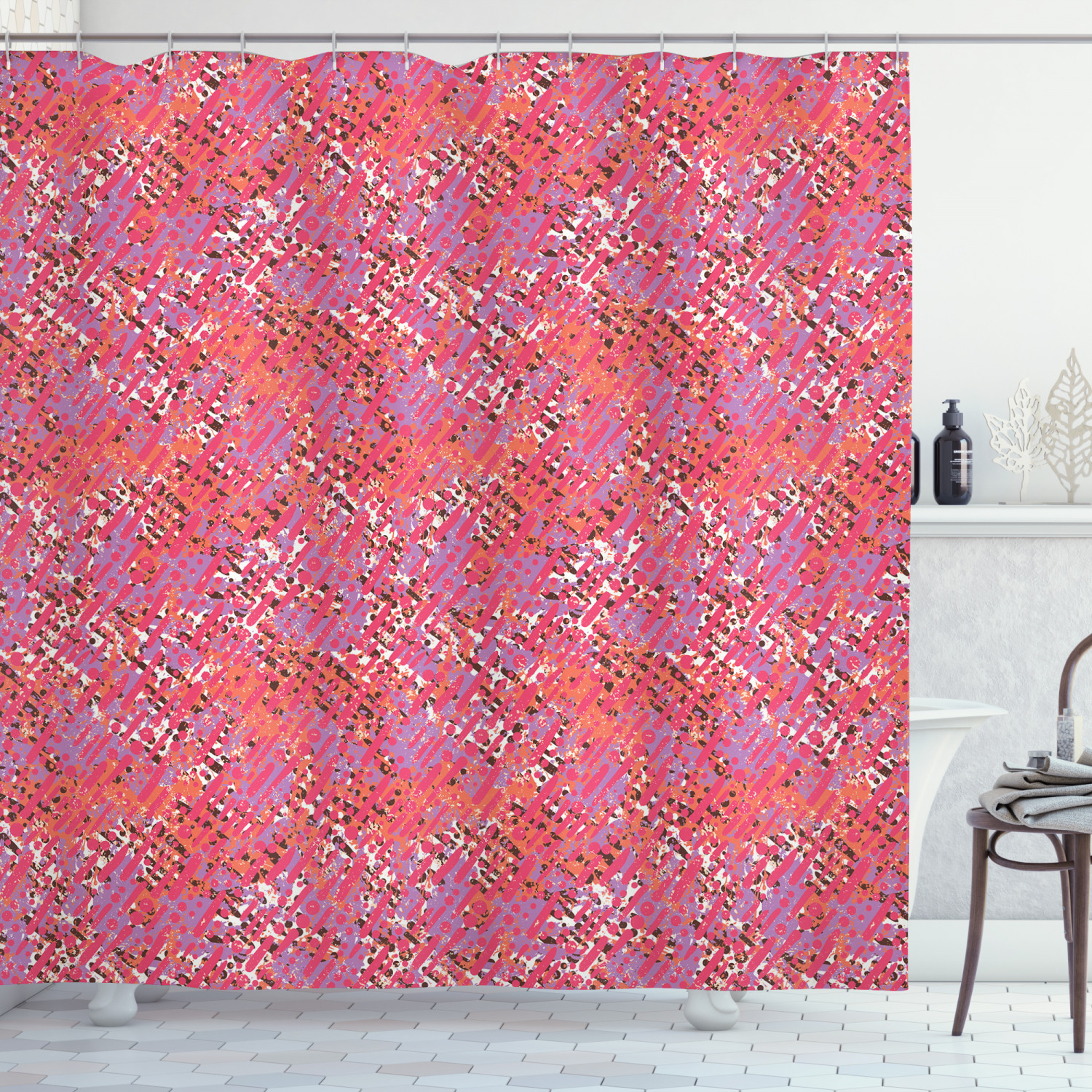 Paint Shower Curtain, Funky Overlapping Diagonal Lines Paintbrush Hits