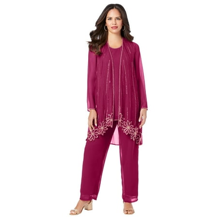 Roaman's Women's Plus Size Plus-Size Long Sleeve Floral Beaded Georgette Three-Piece Pant Set