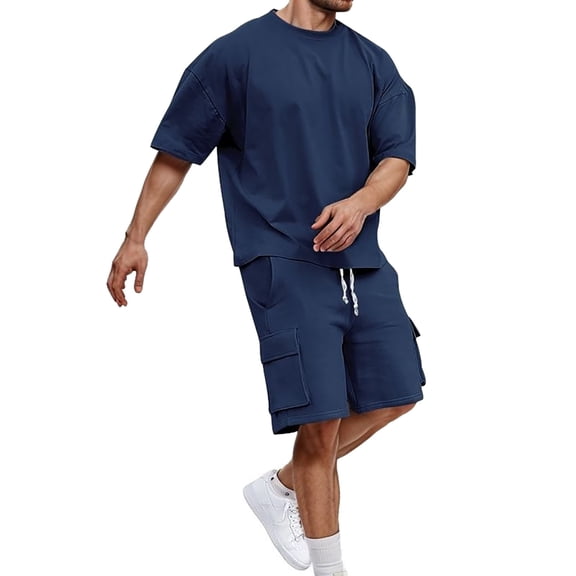 Glisme Mens 2 Piece Sets Summer Outfits Hipster Patchwork Tee Shirt And Short Set Sports Tracksuits Fashion Clothing Set Navy