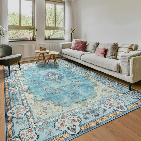 Ultrug Vintage Floral Print Rugs Soft Carpet Retro Area Rug for Living Room Bedroom Home Decor,8'x10',Blue