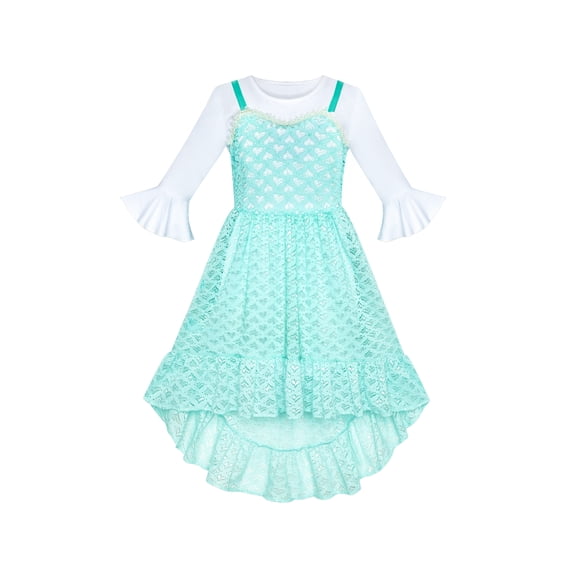 2 Pieces Set Girls Dress White Long Shirt Lace Hi-low Dress 6 Years
