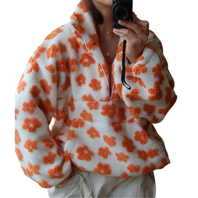 Sudadera de Otoño para Mujer, de Felpa Suave con Estampado Floral, con Cremallera y Capucha Naranja M