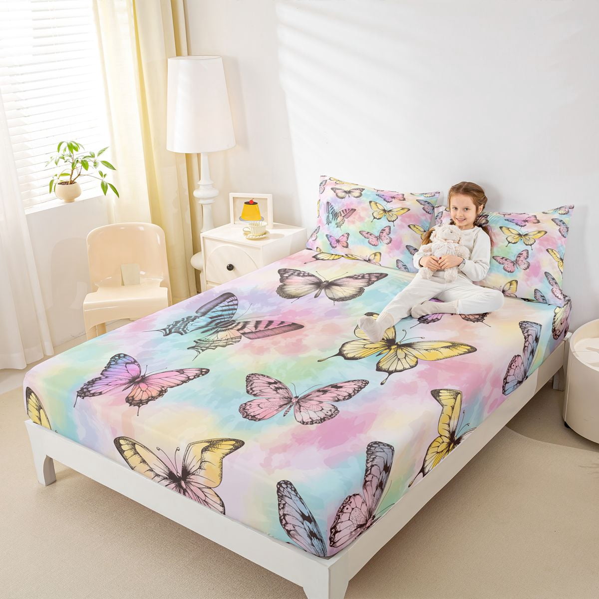 Homewish Colorful Cute Butterfly Twin Sheet Sets,Watercolor Tie Dye Twin Fitted Sheet,Rainbow Ombre Flat Sheet For Girls Teens,Luxury Bedroom Decor,3-Piece