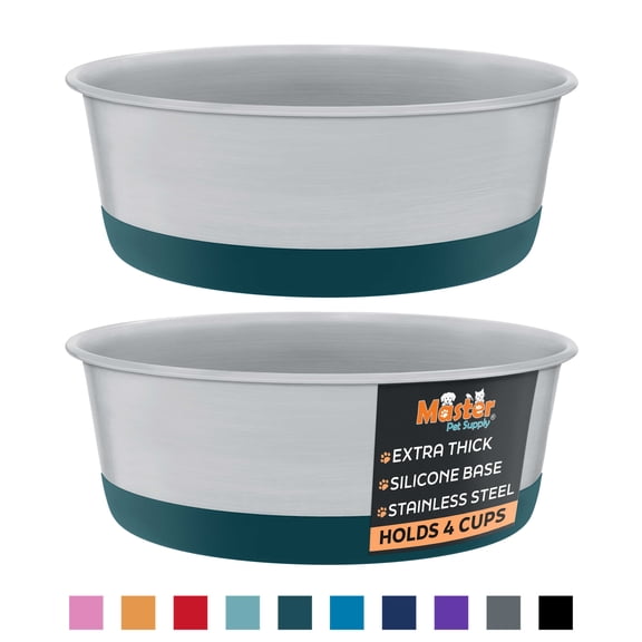 Master Pet Supply Stainless Steel Dog Bowls Set of 2 with Extra Thick Silicone Base - 4 Cup (32 oz) Emerald Sea, Non-Slip, Dishwasher Safe Metal Bowls, Pet Dog Food Bowl for Dogs, Cats, Anti Rust