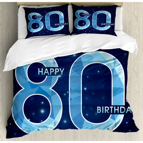 80th Birthday Duvet Cover Set, Diamond Age 80 Yeras Old Happy Birthday Party Theme with Stars, Decorative 3 Piece Bedding Set with 2 Pillow Shams, Calking Size, Navy Blue and Sky Blue, by Ambesonne