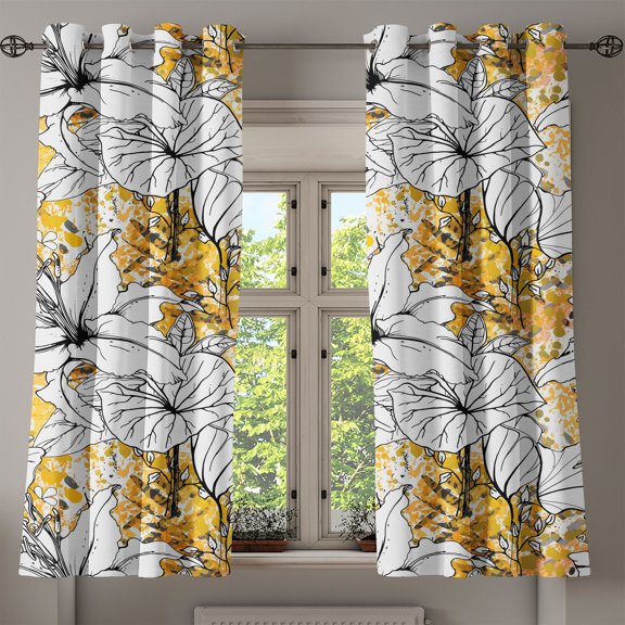 Ambesonne Botanical Grommet Curtain, Autumn Vibe Floral Art, 50"x60", Mustard White Black