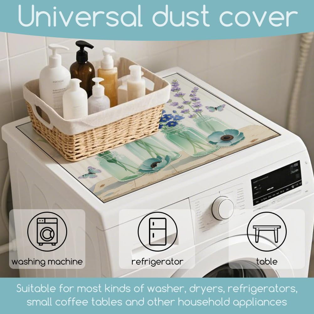 Lavender Mason Jar Laundry Room Washer Dryer Dust Cover Mat 23.6x23.6inch Papaver Washing Machine Top Protector Pad Retro Lavender