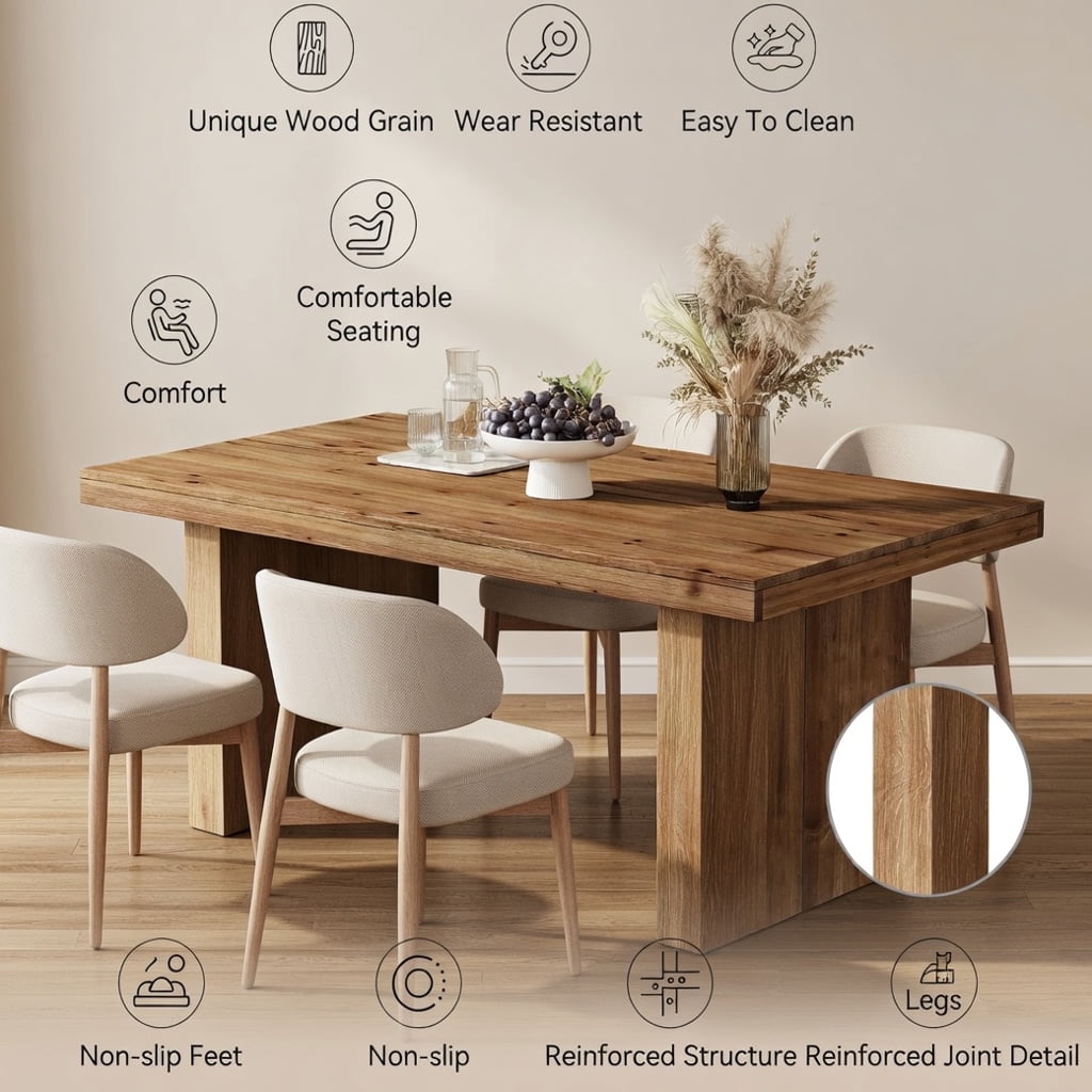 Hommoo 63 Inch Solid Wood Farmhouse Dining Table, Rustic Rectangle Kitchen Table for 4-6 People, Sturdy Double-Leg Design, Easy Assembly, Brown