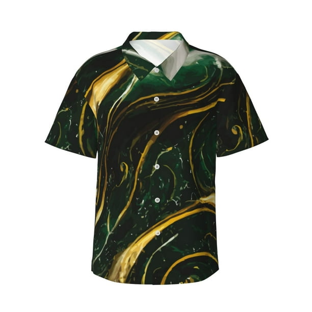 Balery Green Marble Camisas hawaianas de manga corta para hombre, camisas playeras de corte holgado, camisas de vacaciones con botones,Medium