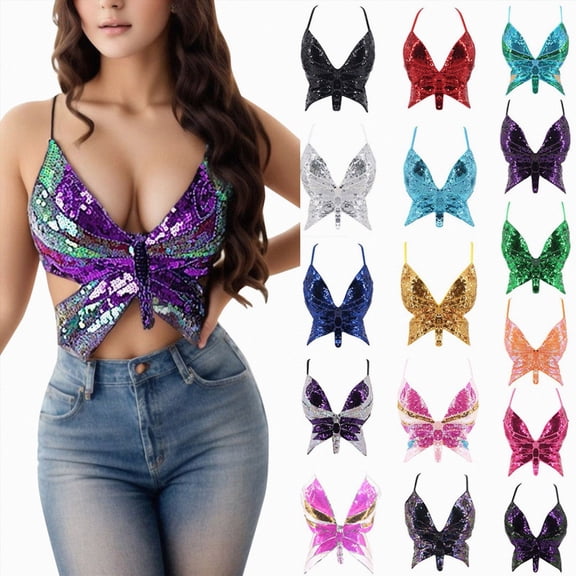 COMVALUE Womens Glitter Sequin Butterfly Crop Top Low-Cut Tank Top Rave Tube Vest Top for Belly Dance Costume Outfits Purple Green for Size One Size