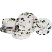 HAOFEI Magnolia Floral Ceramic 12 pcs Dinnerware Set, Service for 4, Inclusive of 11 inch Dinner Plates, 8.75 inch Salad Plates and 35oz Pasta Bowls, for Party, Microwave & Dishwasher Safe