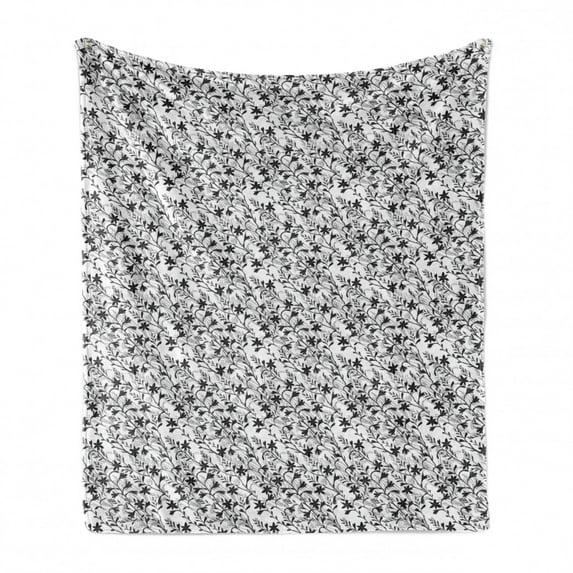 Floral Soft Flannel Fleece Throw Blanket, Blooming Flora Wild Herbs Montbretia Silhouettes in Monotone Layout, Cozy Plush for Indoor and Outdoor Use, 70" x 90", Charcoal Grey and White, by Ambesonne