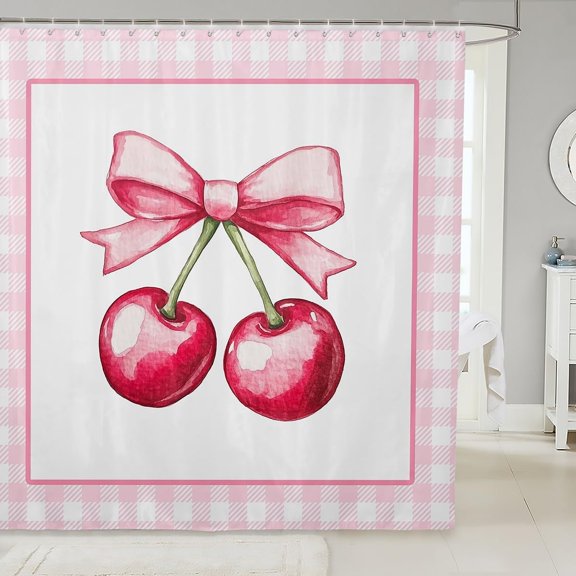 Cherry Bowknot Kids Shower Curtains,Geometric Plaids Grids Patchwork Fashion Bathroom Curtains for Girls Women,Bow Tie Princess Dreamy Pink Cute Waterproof Curtains,12 Hooks Suits,72"W x 72"L