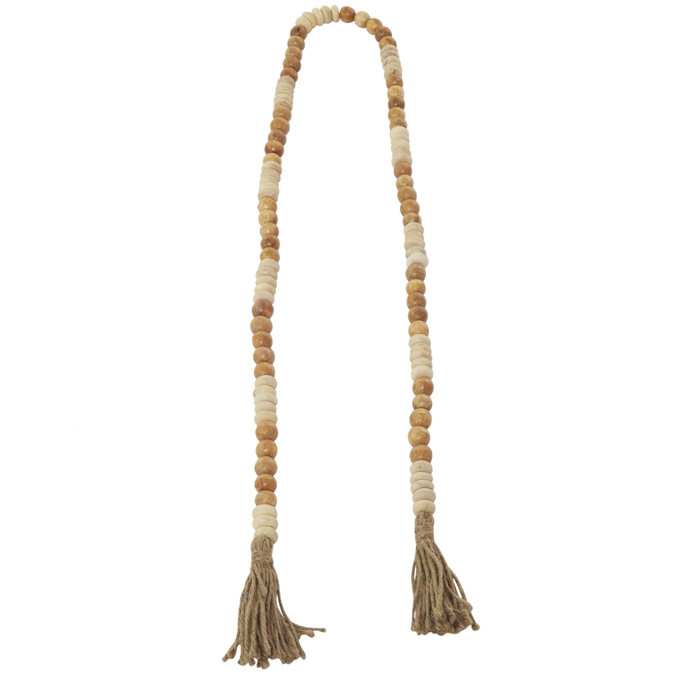 DecMode Handmade Round Long Carved Brown Mango Wood Garland with Tassel