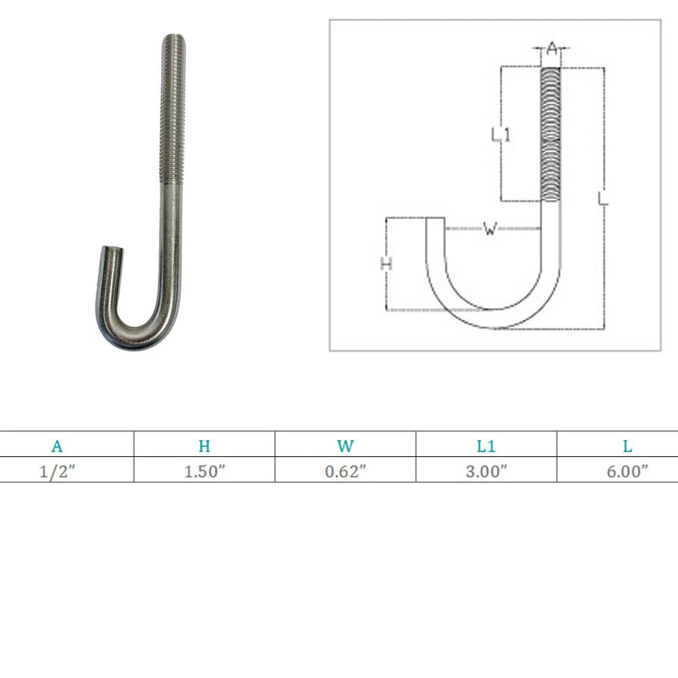 Zyler - Marine Boat 1/2" X 6" J Bolt Spring Hook J-Bolt J Hook Stainless Steel T316