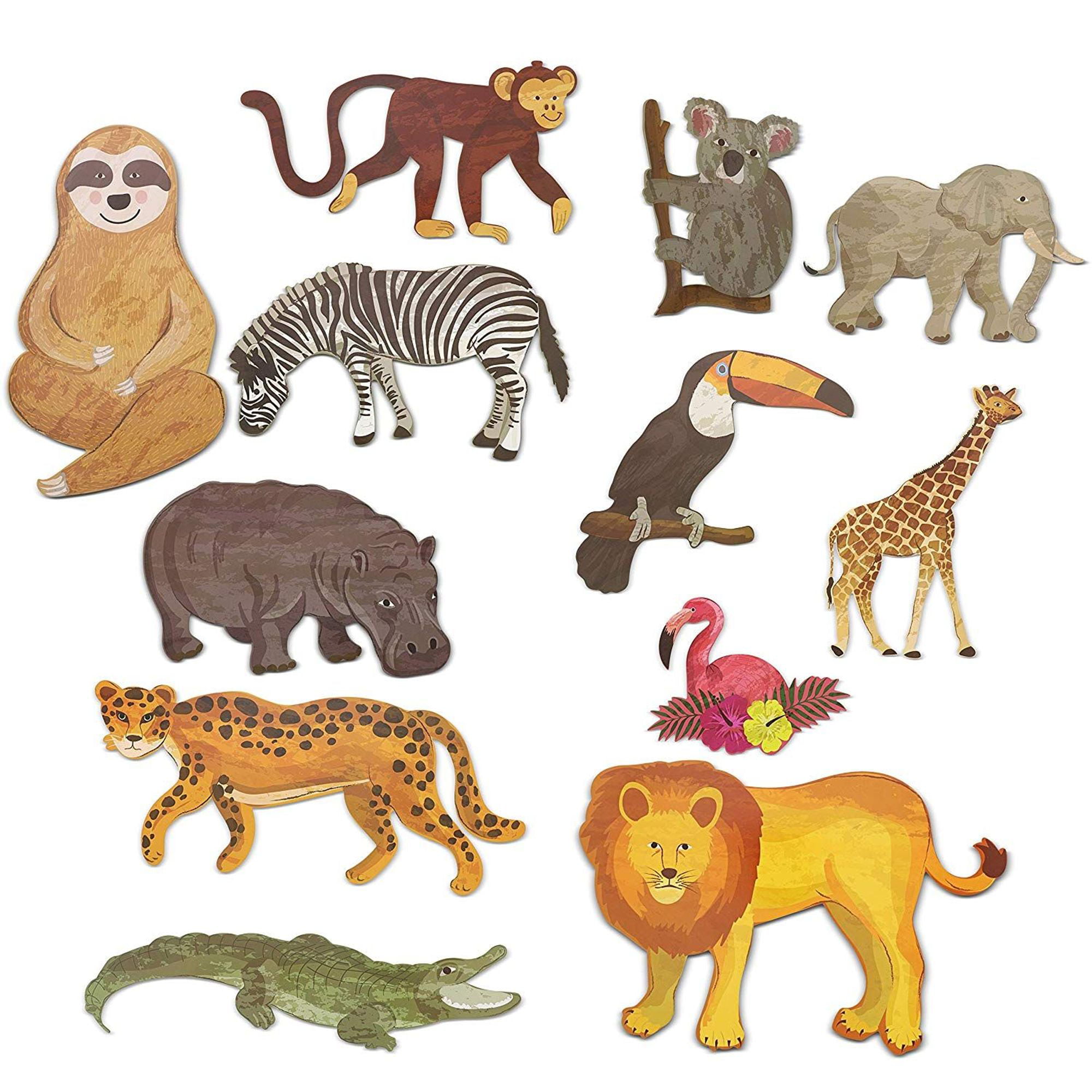12 Count Jungle Animal Safari Paper Cutouts for Crafts, Home Party