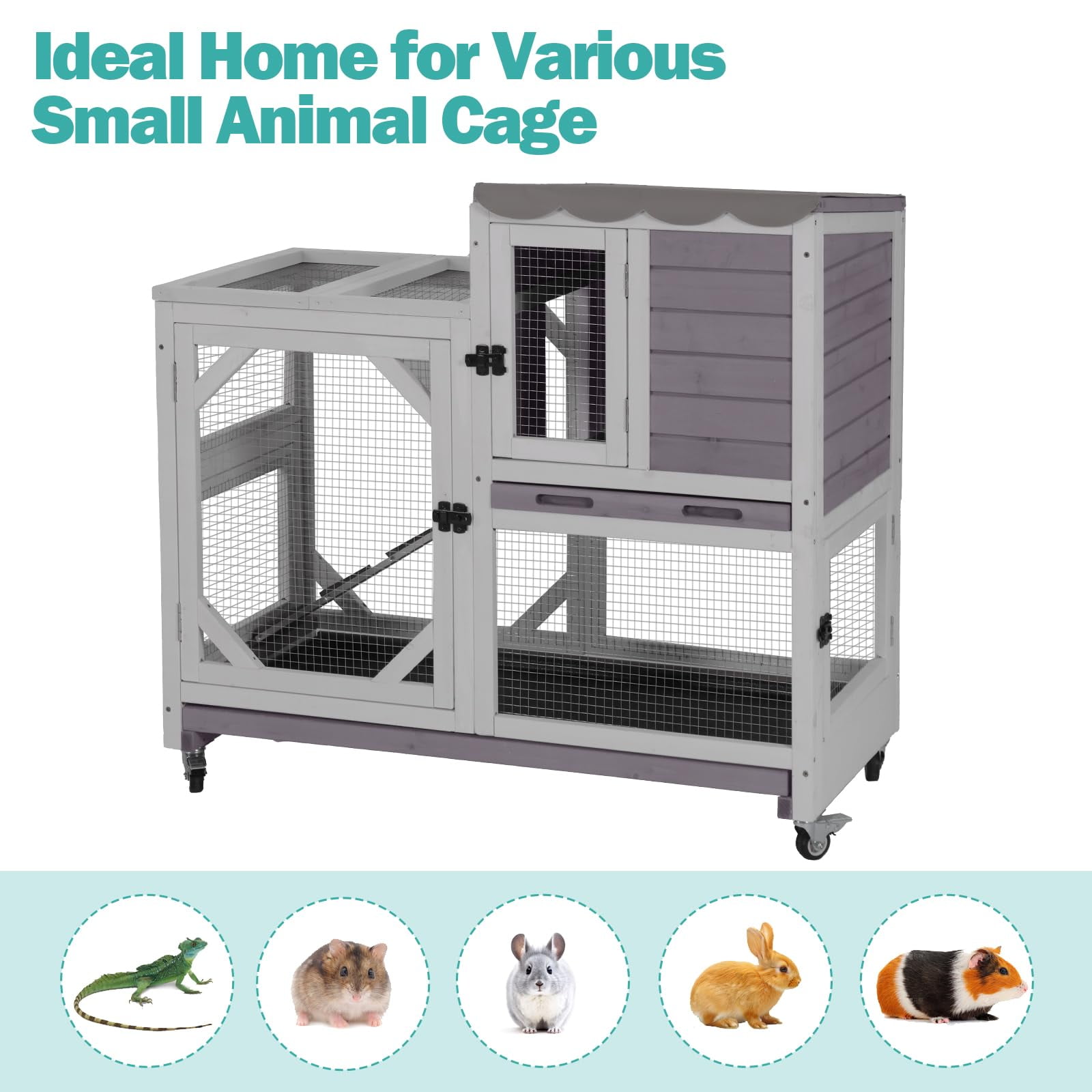 Aivituvin Wooden Rabbit Cage on Wheels Indoor Rabbit Hutch for 2-4 Rabbit Guinea Pig Bunny Small Animal Cage with Leakproof Tray Chewproof Ramp Gray