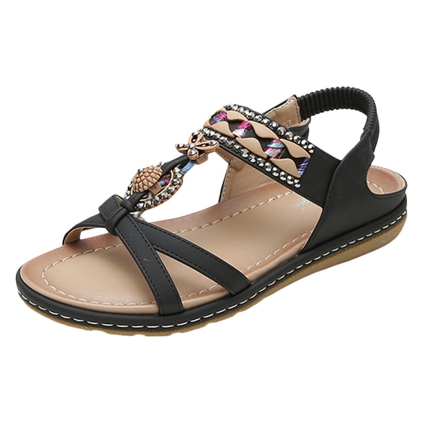 Bmisegm 2024 Summer New Women Bohemian Rhinestone Casual Flat Large Size Beach Shoes Sandals Women Summer Black 8.5