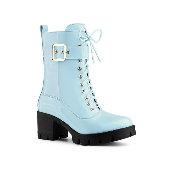 Unique Bargains Women's Back to School Zip Platform Chunky Heel Combat Boots Sky Blue (Size 8)
