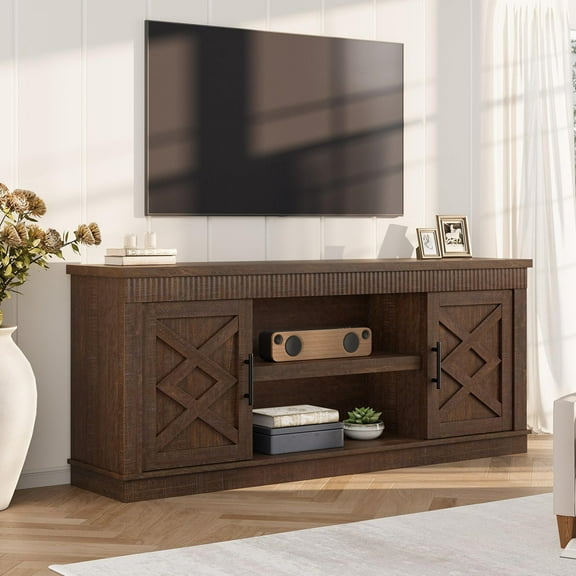 Ataucjin Farmhouse TV Stand for 70/75 Inch TVs, 69 in Long Entertainment Center with 2 Door &Open Storage Shelf, Rustic Fluted Television Consoles Stands for Living Room, Bedroom