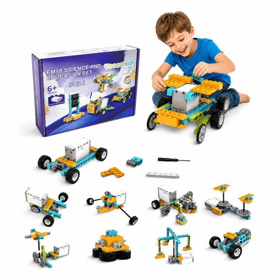 Veecafiodi 50-in-1 STEM Building Kit for Kids Ages 6-12, 107 Pieces Motorized Engineering Science Toy Set, Educational Construction Toy Gift for Boys and Girls