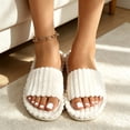 thumbnail image 4 of FITORON Womens Fuzzy House Slippers - Open Toe Striped Plush White,Size 9-9.5, 4 of 7