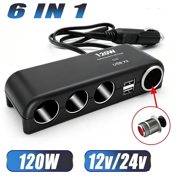 AUTOXBERT 6-in-1 Car Cigarette Lighter Adapter 120W Fast Charging 3.1A USB 4 Sockets Quick Charger