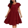 thumbnail image 3 of CFLVAEK Plus Size Dresses for Women Casual Short Sleeve T Shirt Dress Crewneck Tiered Summer Dress Solid Color A Line Midi Dress Wine L, 3 of 5