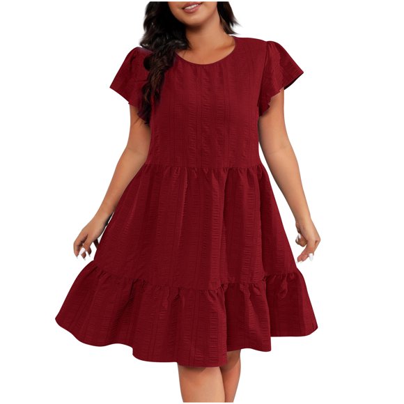 LOVZFMLL Plus Size Dresses for Women Crew Neck Ruffle Sleeve Pleated Tiered Cute Mini Dresses Summer Casual Wedding Guest Dresses Wine XXL