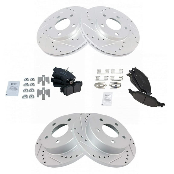 TRQ Front and Rear Performance Brake Pad & Rotor Kit Brake Pads Brake Rotors Set Ceramic Premium G-Coated Fits Select 1999-2004 Ford Mustang